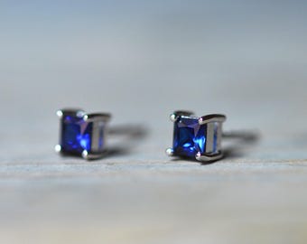 Sapphire Earrings, Blue Sapphire Stud Earrings, Silver Earrings, September Birthstone Jewelry, Blue Sapphire Studs, Something Blue For Bride