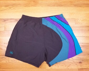 Vintage 80s 90s Swim Trunks Wavy Color Block Surf Shorts Black Purple Blue Large L