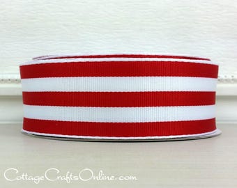 Wired Ribbon, 1 1/2" , Red and White Stripe - TWENTY FIVE YARD Roll - Offray "Carnival Red", Grosgrain Style, Christmas Wire Edged Ribbon