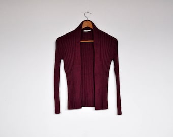 Vintage Plum Purple Stretchy Ribbed Knit Open Cardigan Sweater
