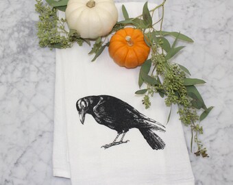 Flour Sack Tea Towel - Crow - Cotton Dish Towel - Hand Screen Printed Dishcloth - Eco-Friendly Kitchen Towel - Halloween Decor - Raven