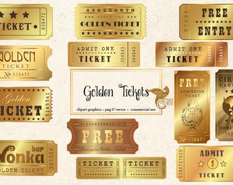 Golden Tickets Clipart - Vintage Show, Circus, Cinema, Theatre, Movie and Entertainment Clip Art, Willy Wonka Gold Ticket