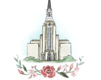 Boston Temple, LDS, flower wreath, Flowers, Mormon Temple, House of the Lord, Christian Art, gift, Massachusetts, painting, printable file