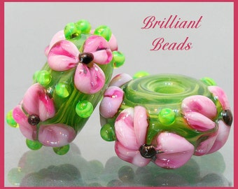 Pink & Green Floral Glass Bead Pair...Handmade Lampwork Beads SRA, Made To Order
