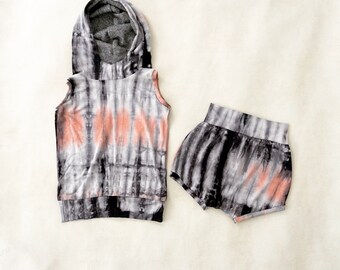 Tie Dye Charcoal, Peach Shorties, High Waist, Girl, Summer, Handmade, Boho, Trendy, Baby, Toddler, Child