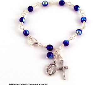 Virgin of Lourdes Rosary Bracelet With St Bernadette In AB Blue Czech Glass by Unbreakable Rosaries