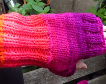 Hand Knitted Fingerless Mittens, Pink Purple Texting Mittens
