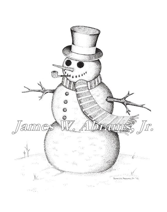 Snowman Pen and Ink Drawing