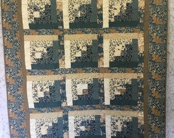 Log Cabin Blues/Ivory Quilt, Quilts for Sale, Handmade Quilts, Quilts for Gifts, Lap Quilts, Mothers Day Quilt
