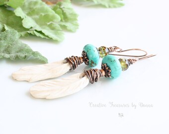 Copper Earrings, White Porcelain Feathers, Turquoise Gemstones, Czech Glass Beads, Southwest Earrings, Turquoise Earrings, Wire Wrapped