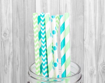 Blue & Green Paper Straws, Party Supplies, Birthday Party decorations - Wedding - Baby Shower - Straws - Mason Jar Straws - Baptism - 25 pcs