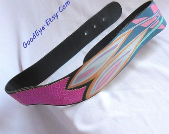 Vintage 80s Hand Painted Leather Cinch Belt/ Gunmetal Blue Pink Gold Floral / medium 29 to 31 waist / Contoured Drop Front
