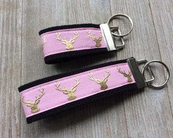 Gold Foil Pink Deer Key Fob - Deer Key Chain - Stocking Stuffer Idea