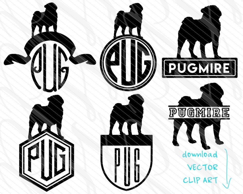 Dog SVG Pug Monogram SVG Vector Art File. Pug Frames Cut File