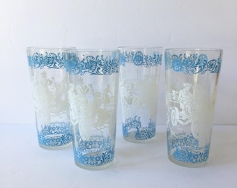 Horseless Carriage Model T Blue and White Drinking Glasses Set of Four