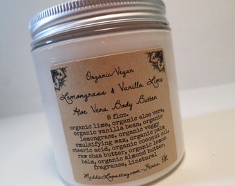 FREE SHIPPING-Organic/Vegan Lemongrass & Vanilla Lime Aloe Vera Body Butter-8oz.-Organic Body Butter- Vegan Body Butter-8oz.