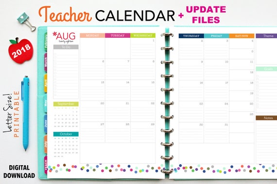 2018 Teacher Planner Calendar PDF Printable Pages Inserts