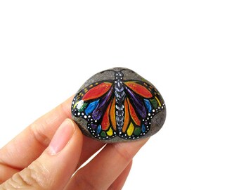Butterfly Painting, Rainbow Art, Hand Painted Beach Stone, Keepsake Gift, Insect Lover, Original Painting, Decorative Rock