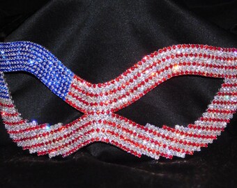 Rhinestones Masquerade Mardi Gras American Flag Elegant Mask With Black Ribbon