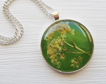 Pressed Flower Necklace - Large Yellow, Green and Silver Pressed Flower Necklace Made From Real Alyssum