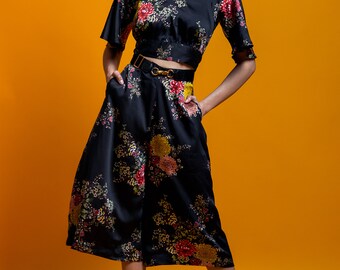 Jupe culottes, wide leg pants, cropped pants, silk culottes, high waist pants, floral pants, wide legs culottes, loose summer pants