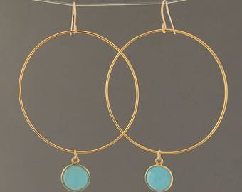 Large Gold Hoop Earrings with Chalcedony Stone