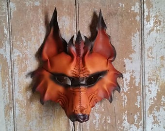 Tribal leather wolf mask, werewolf shaman, primitive, red fox