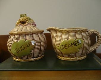 Sugar and Creamer , Basketweave Design , Pineapple Handle