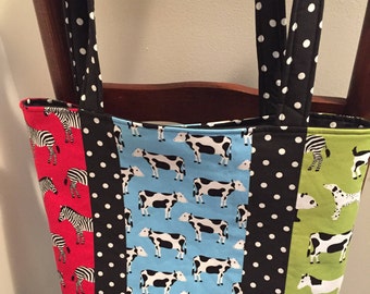 Robert Kaufman designer fabric, Menagerie, Zebras, Cows, Tote, market bag, grocery tote, library bag, over the shoulder