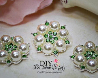 GREEN Rhinestone & Pearl buttons Crystal Embellishments Headband Supplies flower centers Metal Flat back 5 pcs 26mm 460063