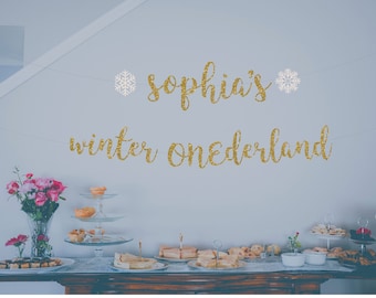 winter ONEderland banner with custom name, with snowflakes, winter 1st birthday, glitter party decorations, cursive banner, regular size
