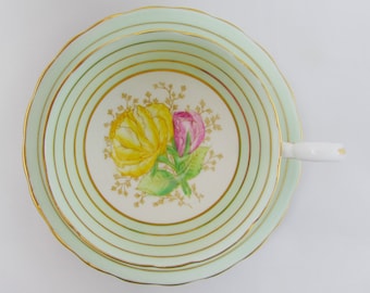 Vintage Tea Cup and Saucer, Made by Victoria, Green and Gold Stripe and Hand Painted Flowers, Bone China