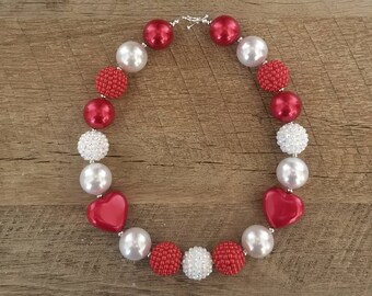 Valentine's Day Chunky Necklace, Bubblegum Bead Necklace, Chunky Beads, Baby Bubblegum Necklace, Valetines Necklace, Red and White Necklace