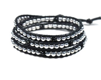 Silver Wrap Bracelet - beaded wrap bracelet, silver and black bracelet, boho wrap bracelet, boho bracelet, stacking bracelet