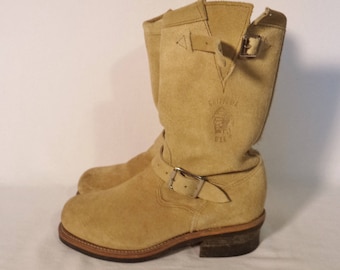 Vintage Chippewa engineer boots// Tan suede distressed leather steel toe buckles slouchy punk grunge workman// Men size 6.5EE-7 women 9-9.5