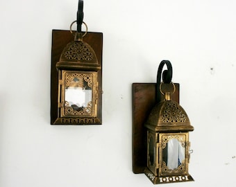 Two bronze Morrocan lantern Sconces Rustic Hanging Lanterns Lantern pair Wall decor Wall sconce Reclaimed Pallet Wrought iron hook