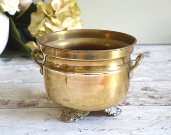 Small vintage brass planter, plant pot holder.