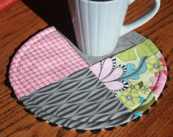 Quilted Mug Rug, Snack Mat, Table Topper, Pieced Hot Pad, Candle Mat, Handmade Gift, Gifts under 15, Small Placemat, Grey, Pink Green Black