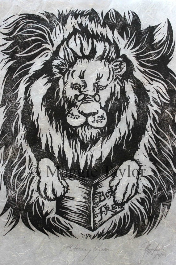 Literary Lion original handpulled linocut relief print on