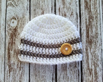 Newborn Baby Hat, Crochet Knit White and Dark Gray Stripes Newborn Baby Boy Hat Beanie with a Wood Button, Ready to Ship