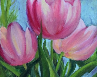 Pink Tulip Floral Still Life Pink Painting, 9x12 Original Canvas Oil Painting by Cheri Wollenberg