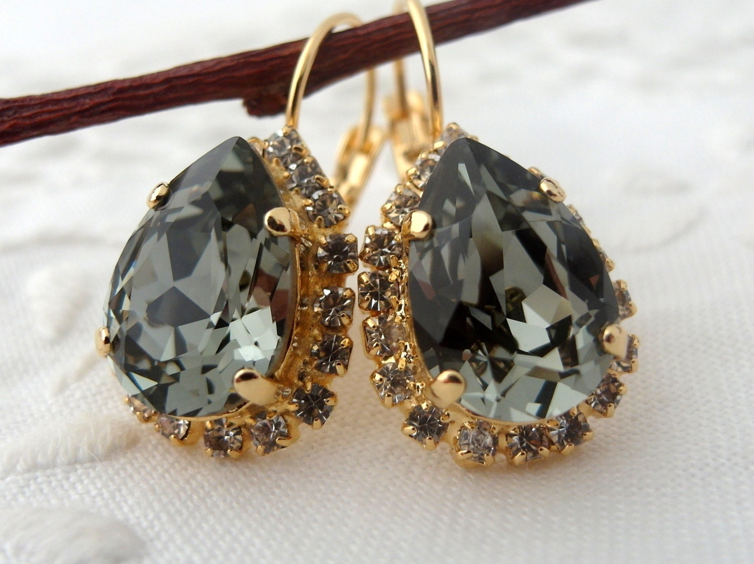 Smokey Gray black diamond crystal Swarovski drop earrings