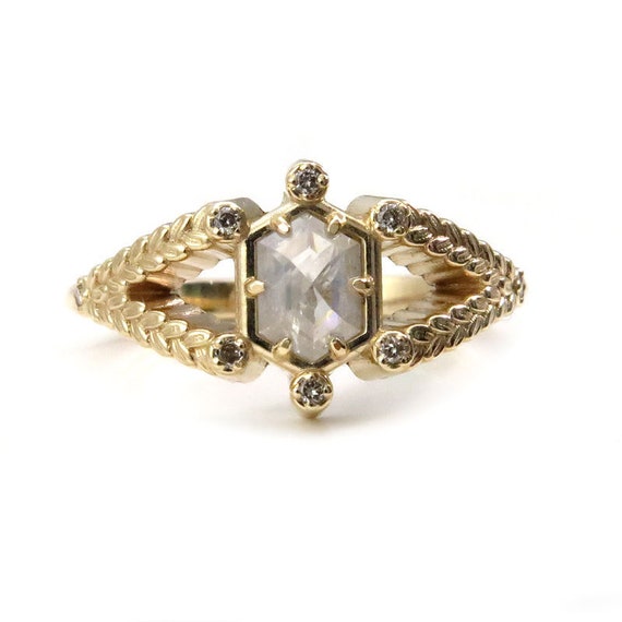 Hexagon Diamond Engagement Ring with Sage Leaf Split Shank and Honey Champagne Diamonds