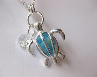 Sterling silver Sparkling Honu Aqua GLASS BEAD SS sea turtle necklace