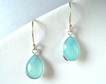 Aqua Chalcedony Drop Sterling Earring, Dangle, Teardrop, Aqua Mint Chalcedony Earring,
