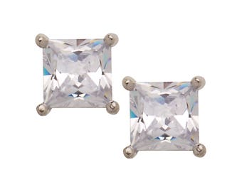 High Polished Stainless Steel April Birthstone Earrings, Square Shaped CZ Crystal Clear Stud Earrings