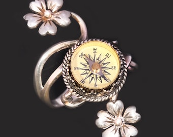 Sterling Silver Compass Ring Sterling Silver Flower Ring Compass Ring Silver Compass Ring Working Compass