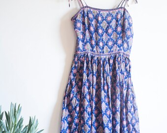 70s Indian Cotton Dress, Cotton Gauze, Midi dress, Block Print, Boho, Bohemian Style, Blues and Pinks, Gold Stamping, Shoulder Straps