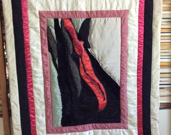 Art Quilt - Lavascape - hand appliquéd quilt - Wall Hanging - 42 3/4"x 52 1/2" - signed - handmade - seed beads & rhinestones embellished