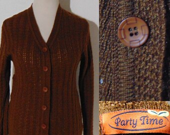 vintage 70s Brown Party Time cardigan sweater long sleeve button front knit lightweight summer hipster mod